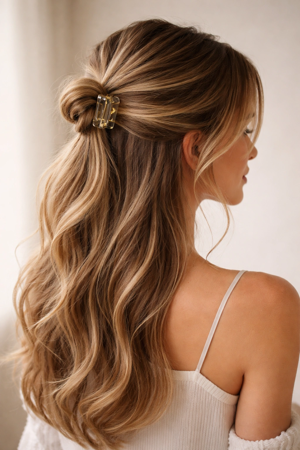 Half-up knot with soft face-framing pieces