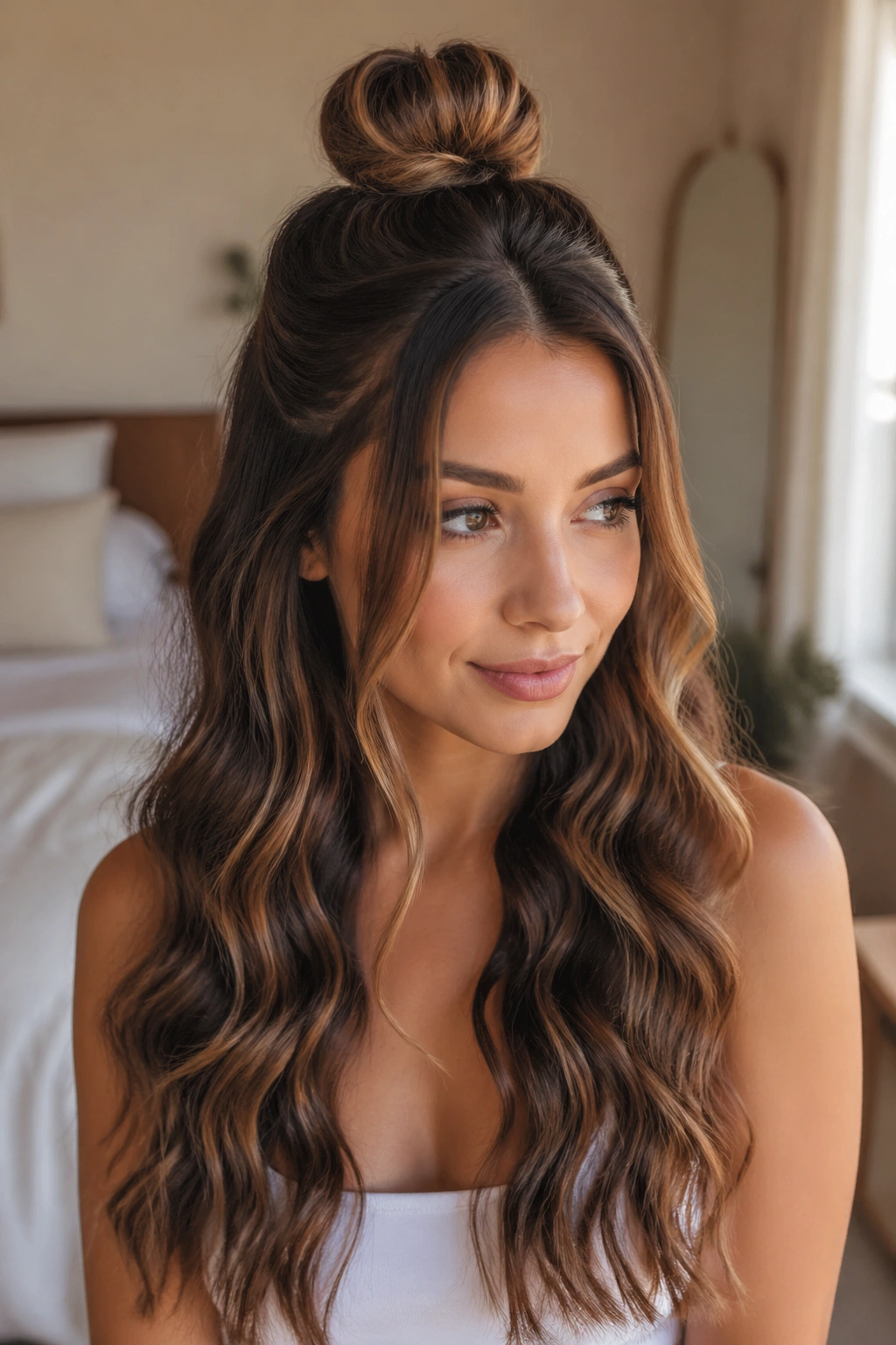 Close-up portrait of a woman with a half-up knot and mermaid waves
