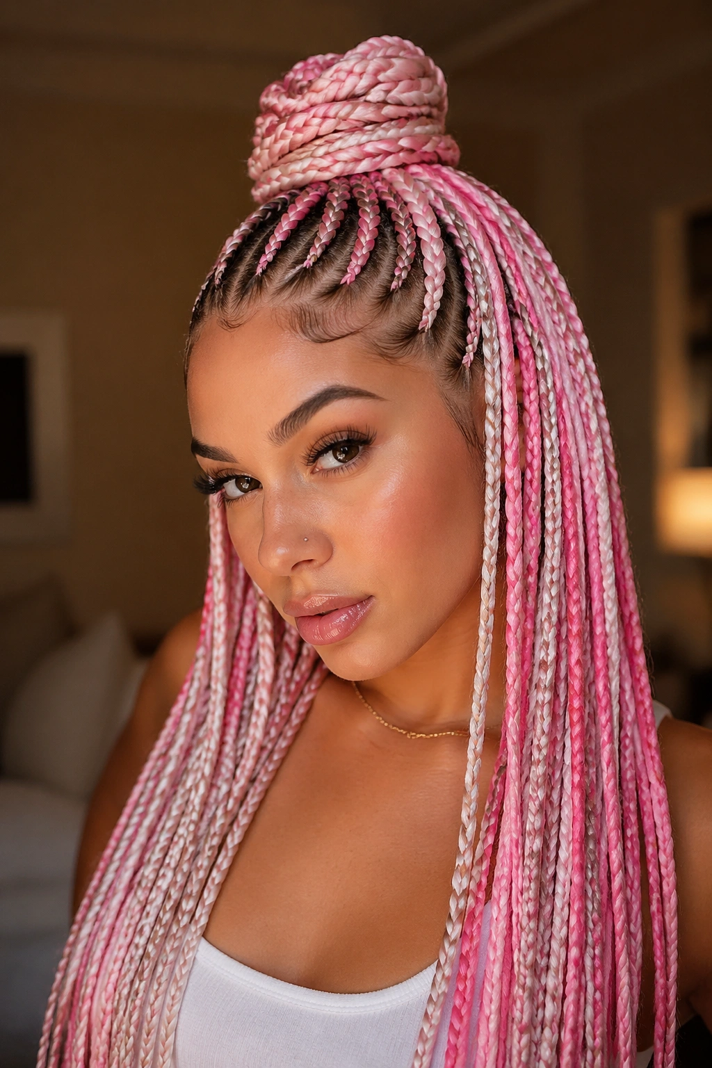 Portrait of a real woman with half-up top knot and long pink and white braids.