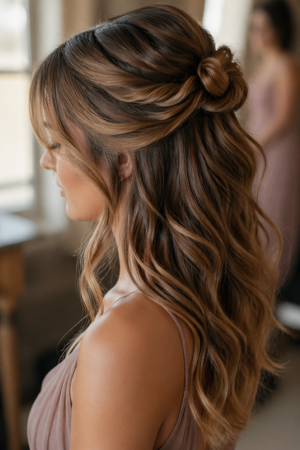 Close-up of a real woman with a romantic half-up knot and flowing waves