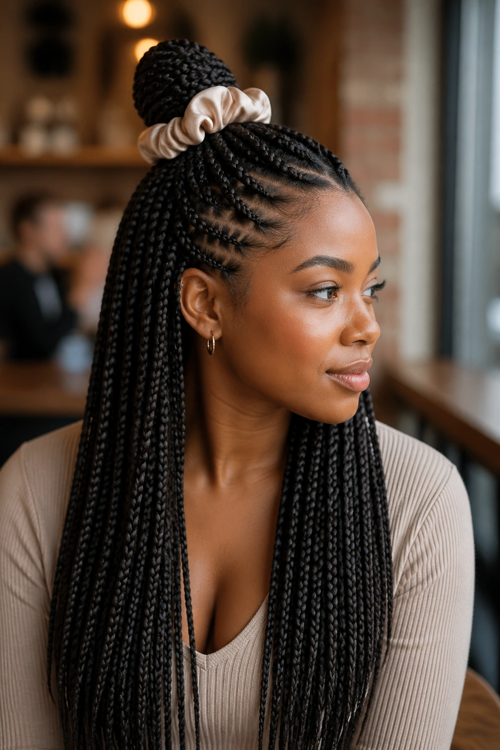 Real person with half-up lemonade box braids, top pulled back and lower braids flowing.