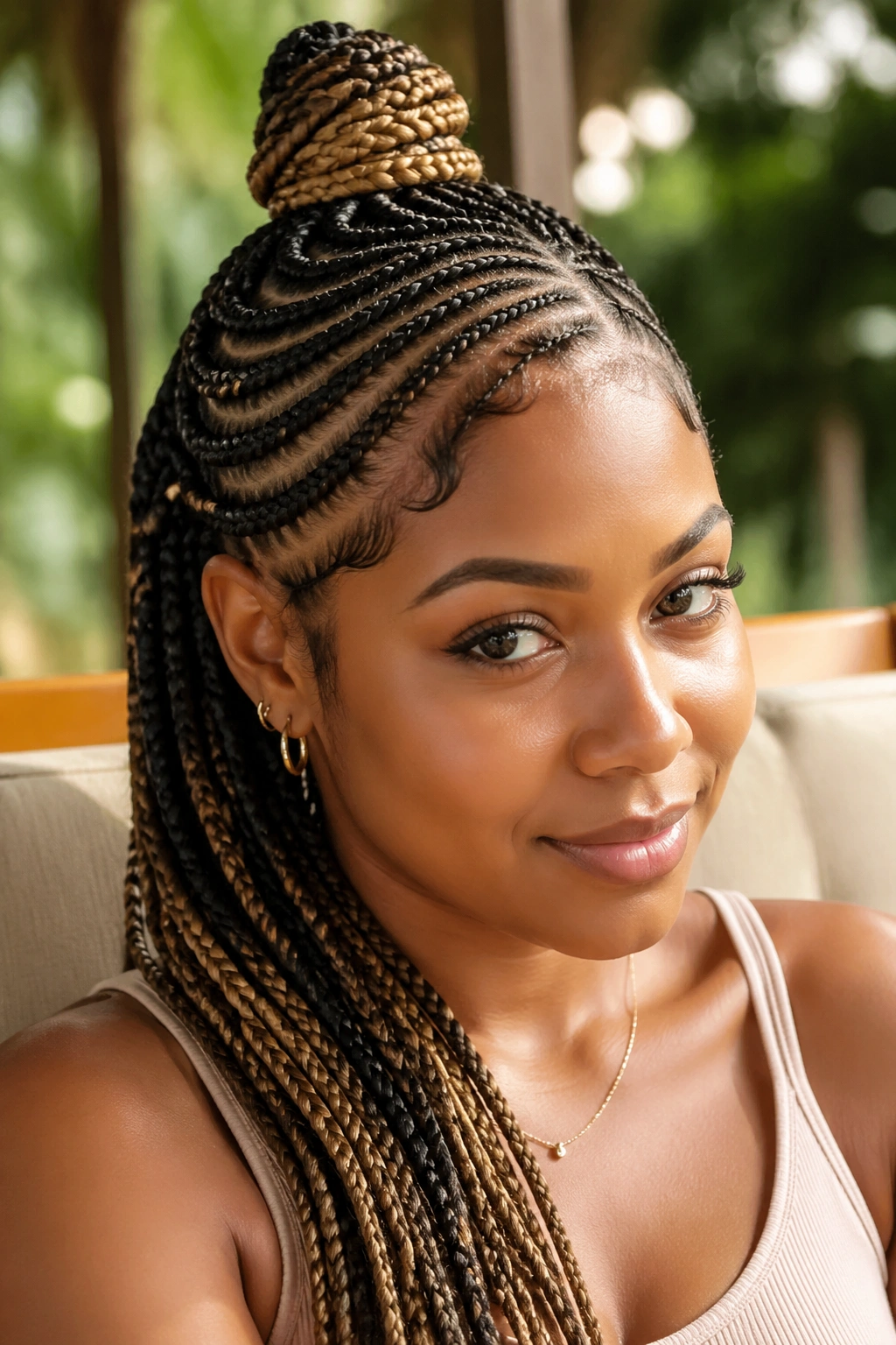 Portrait of a real woman with half-up lemonade cornrows, crown bun and side sweep.