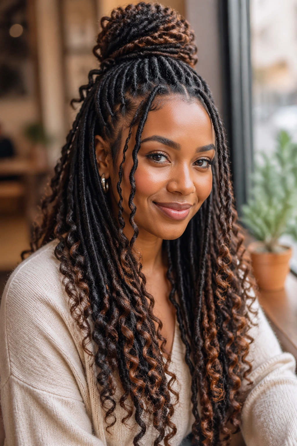 Real person with half-up half-down boho locs.