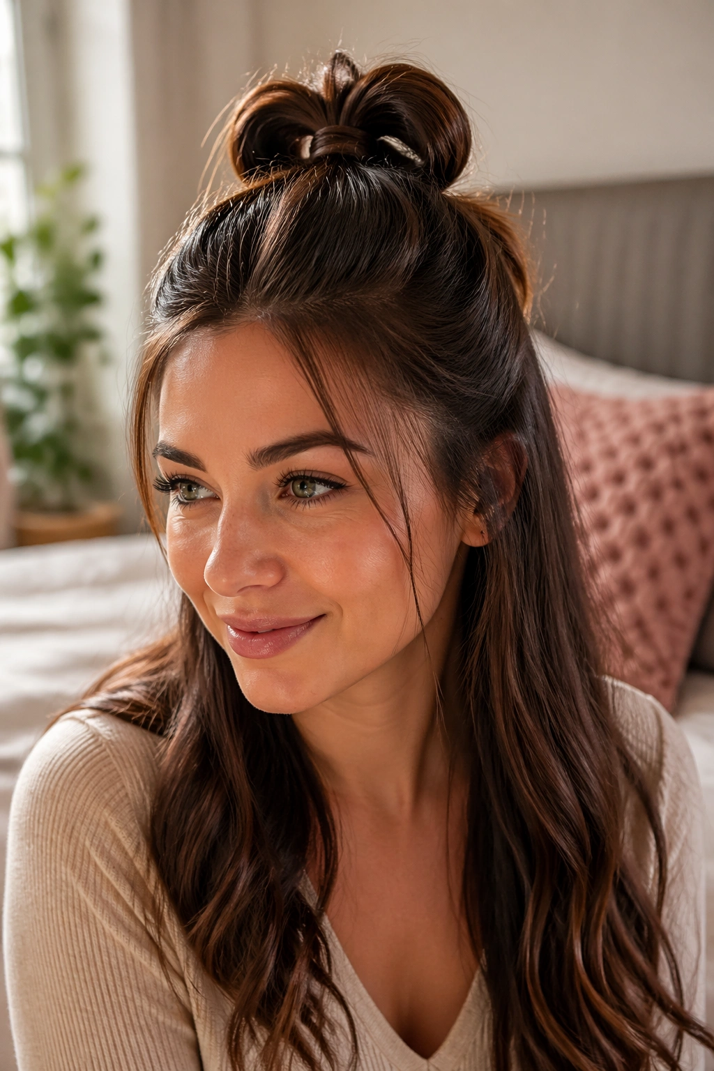 Close-up of a real woman with a half-up loop ponytail in morning light