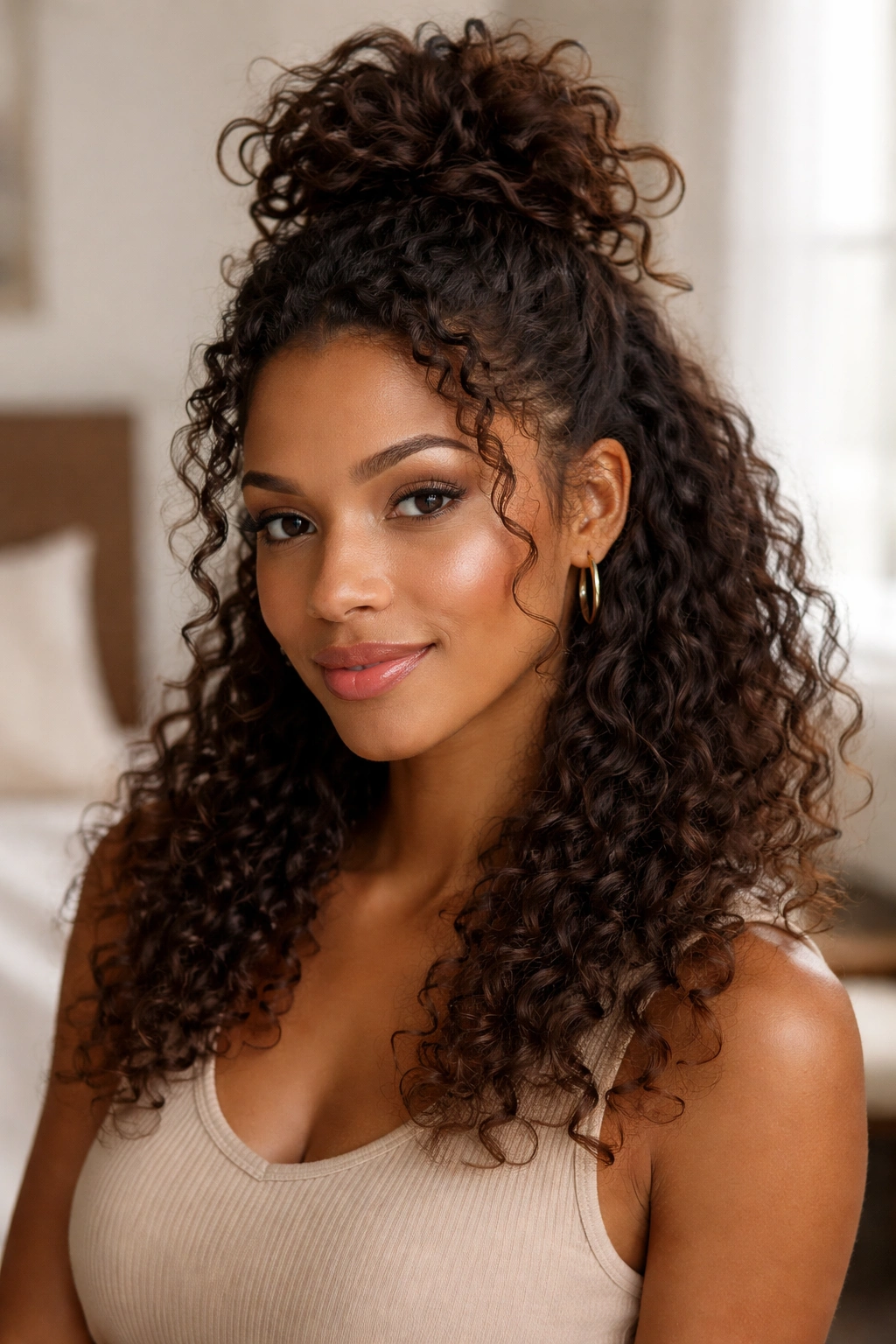 Close-up of a woman with a half-up messy bun and flowing curls in a softly lit bedroom