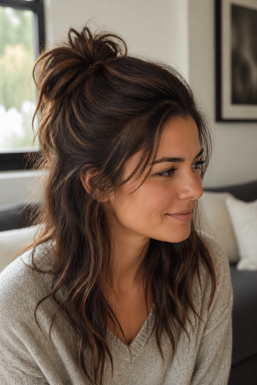 Close-up portrait of a real woman with a half-up messy ponytail.