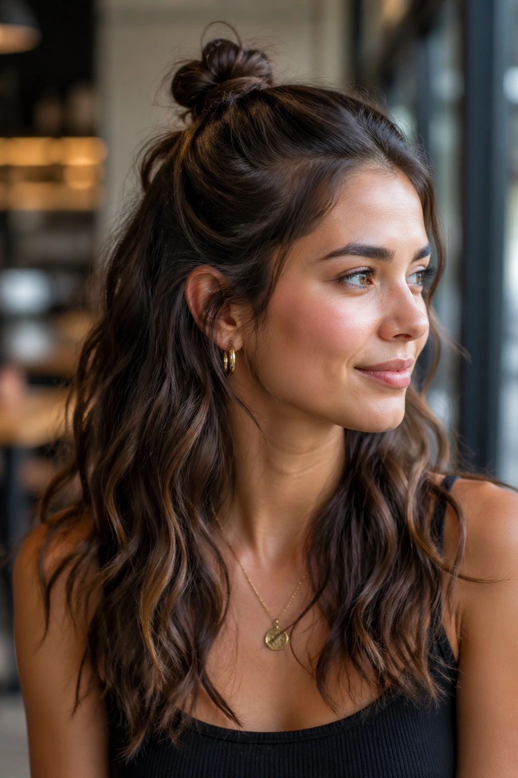 Close-up of a woman with a tiny half-up bun and loose waves