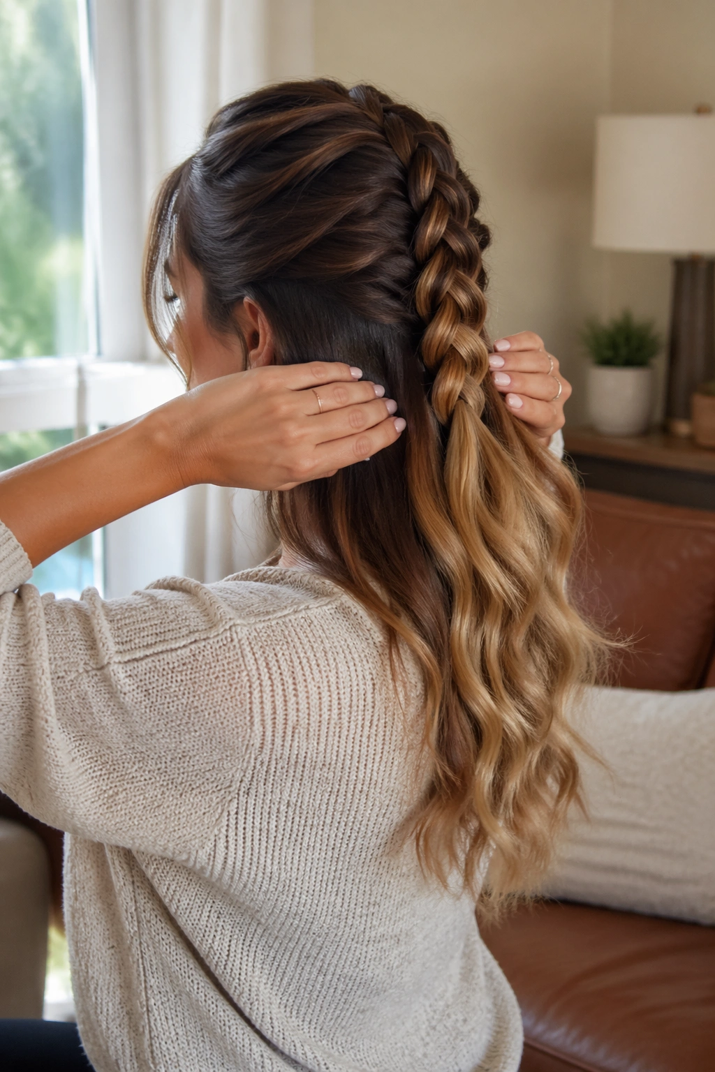 Candid living room shot of half-up ombre braided ponytail