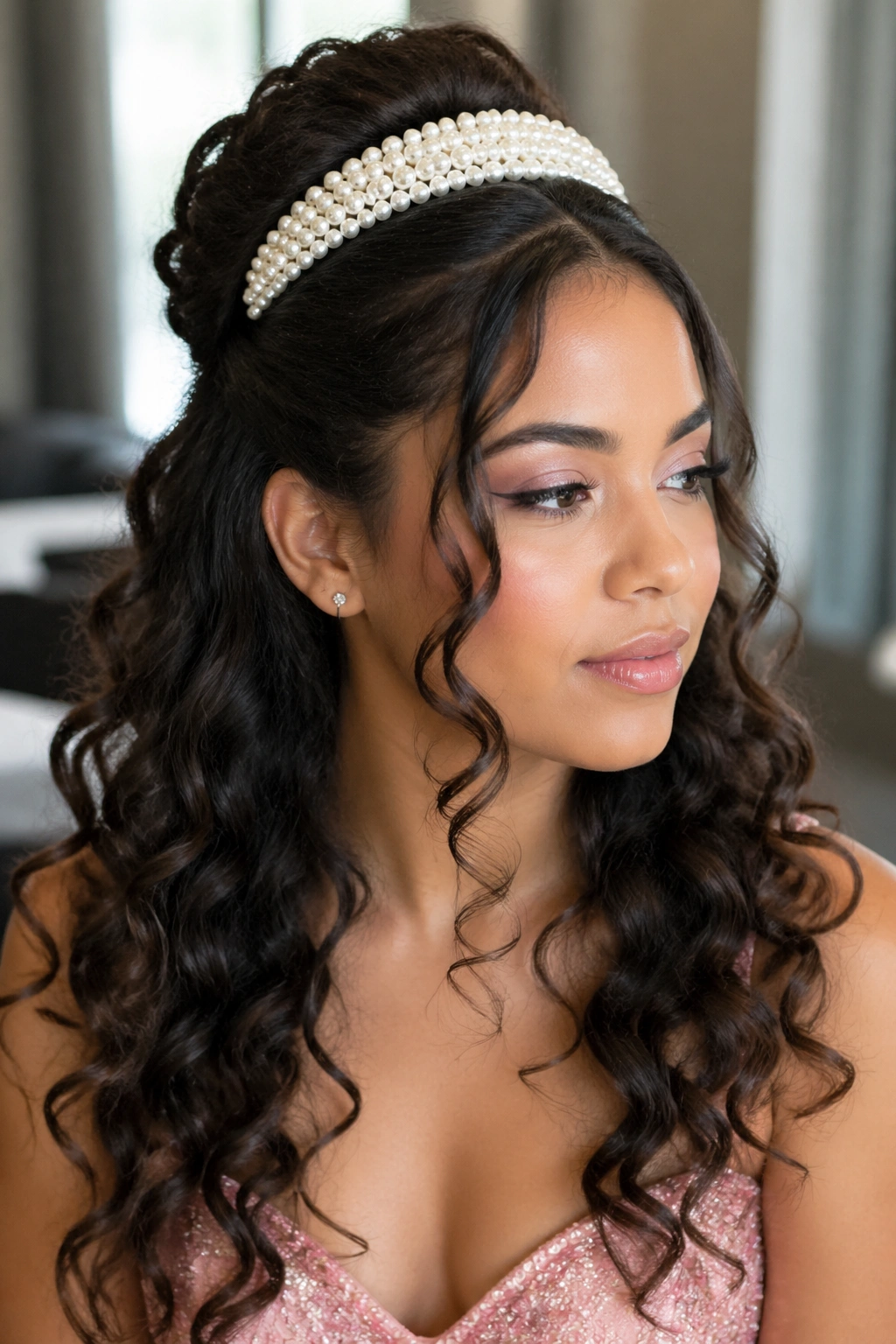Portrait of a woman with half-up hairstyle and pearl headband