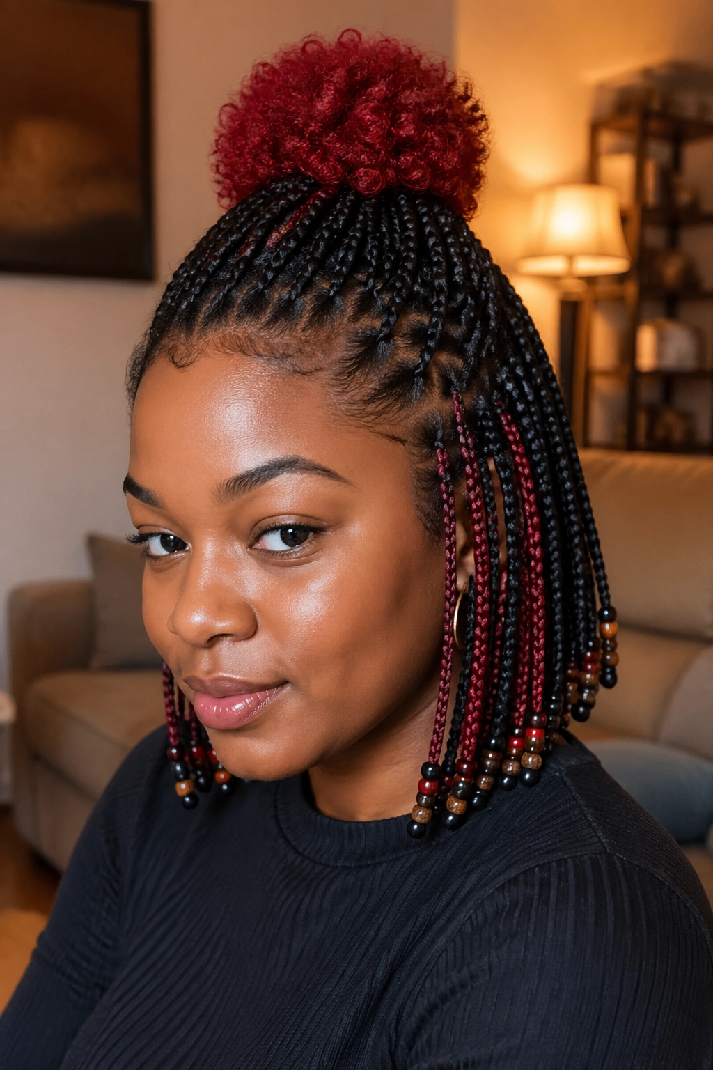 Close-up portrait of Half-Up Short Peekaboo Box Braids With Beads and a Red Puff on a real person