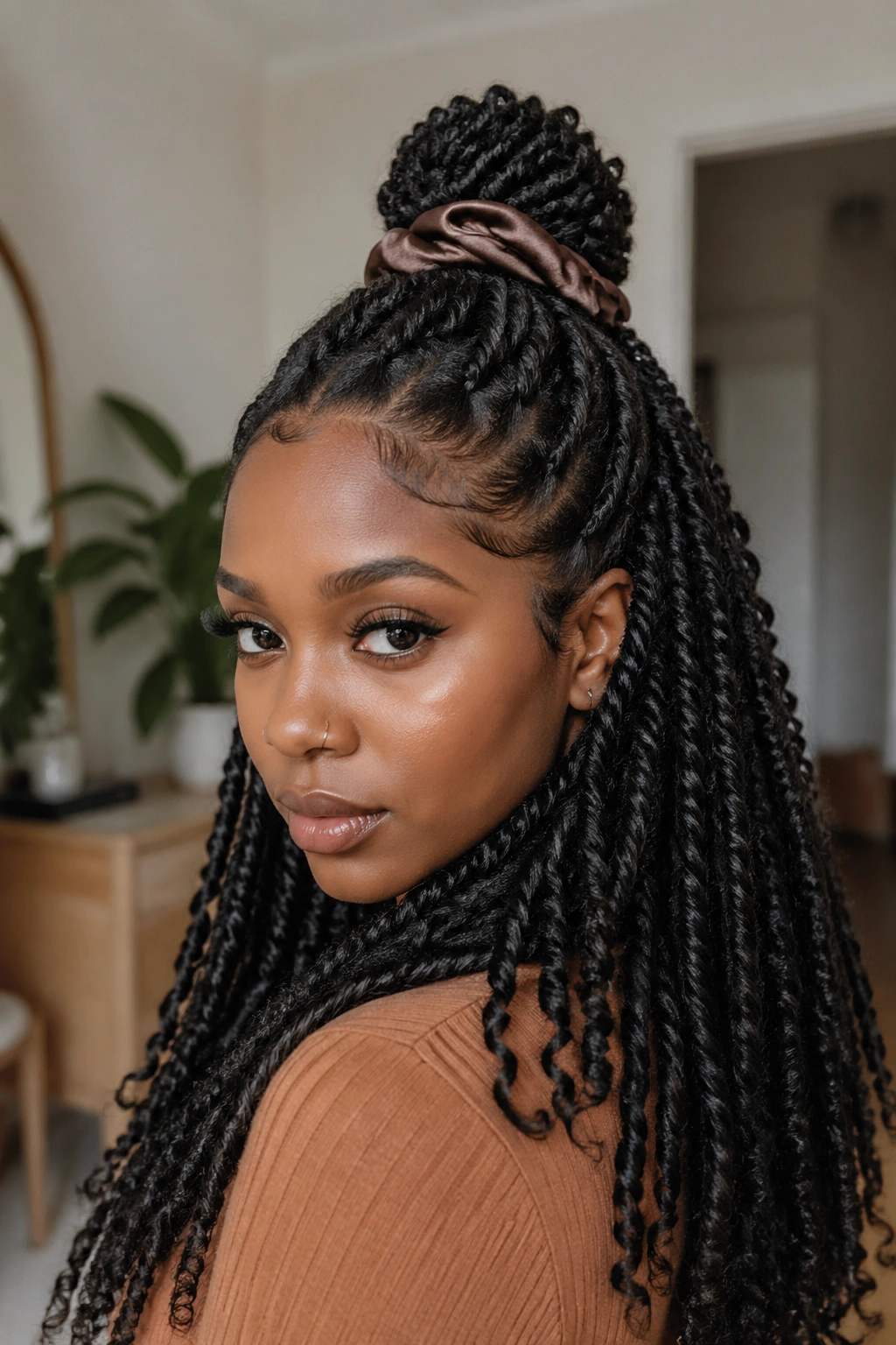 Close-up portrait of a real woman half-up perm twist style with top gathered