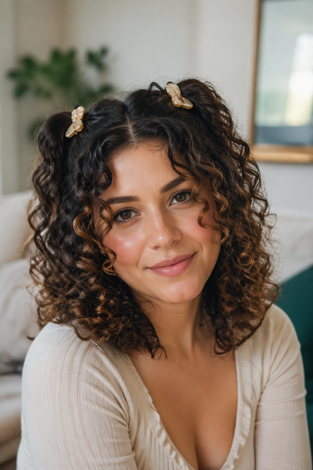Close-up of a real woman with half-up pigtails secured by matching barrettes