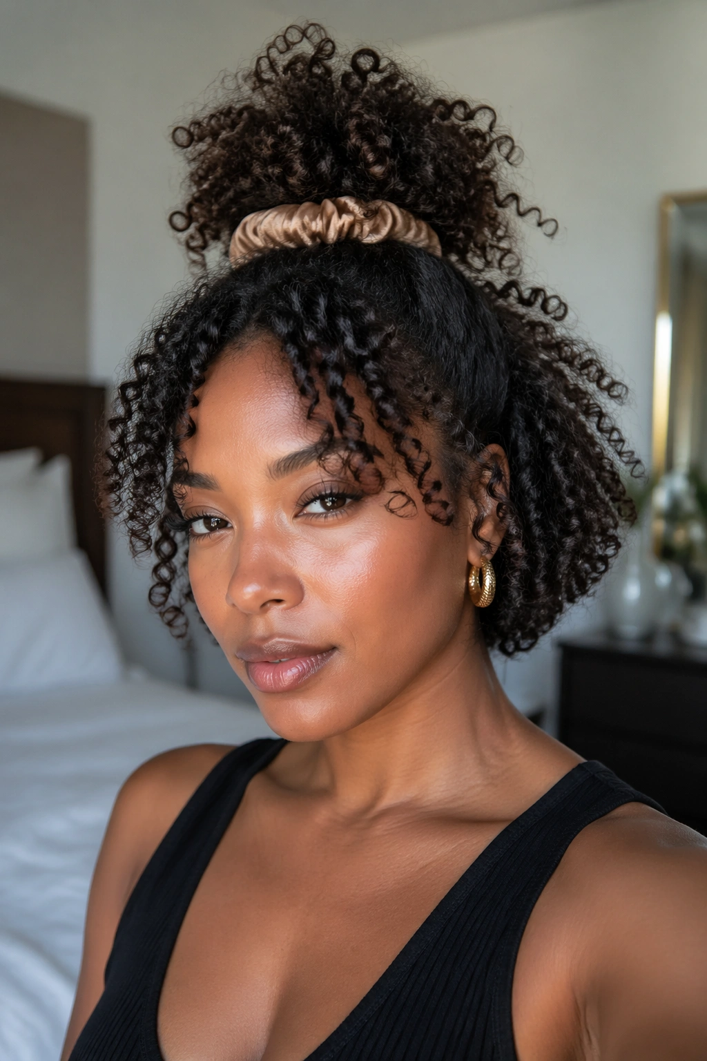 Close-up of a real Black woman with a half-up pineapple on a bob hairstyle