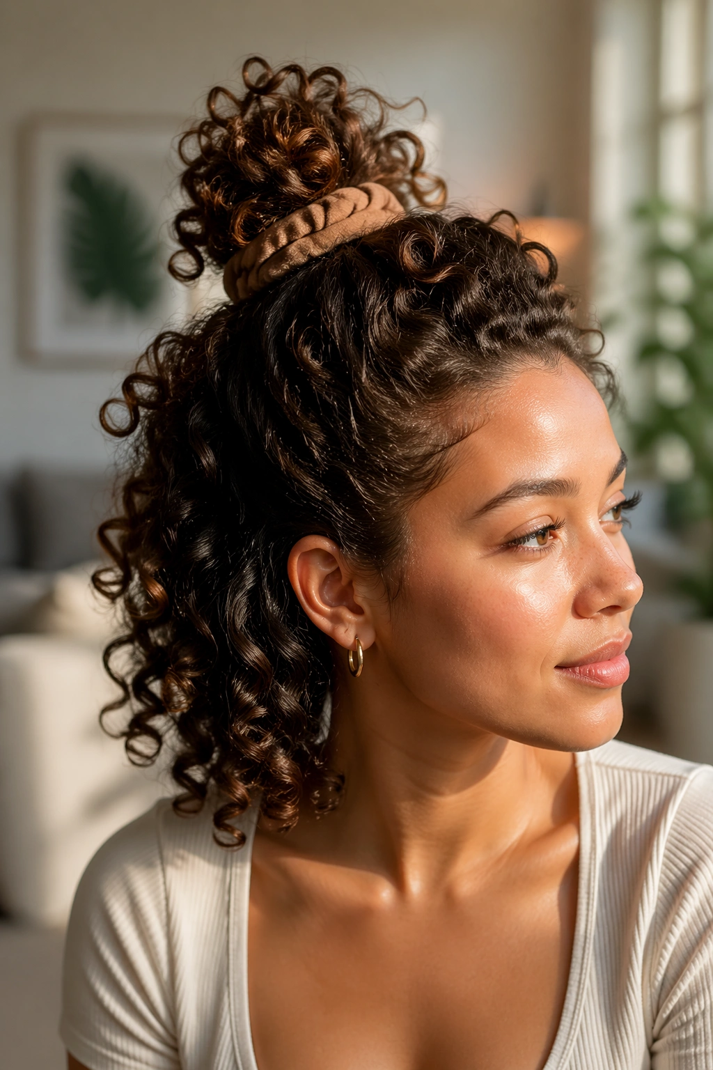 Close-up of a real person with half-up pineapple and loose curls