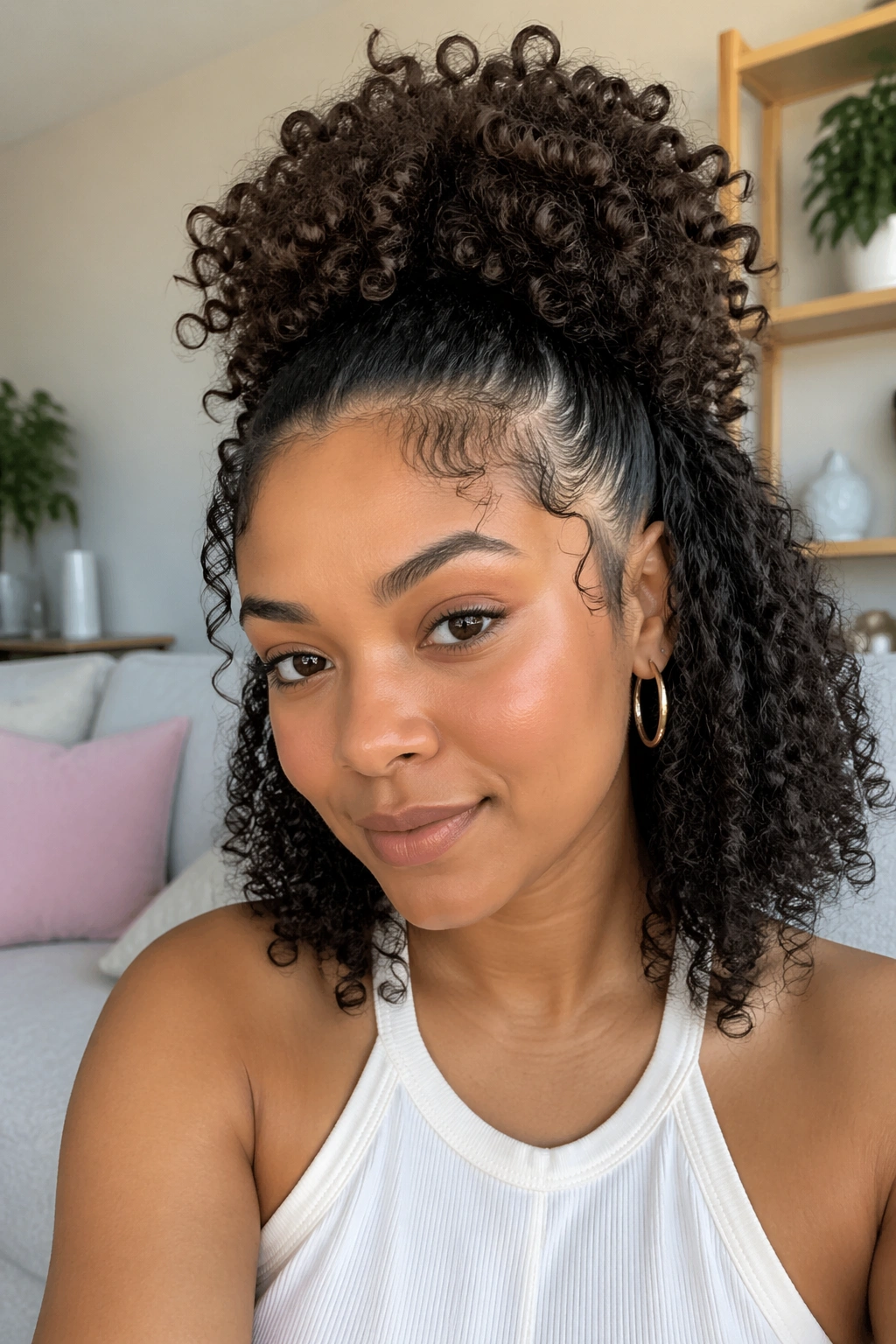Close-up of a real woman with half-up pineapple puff showing crown height and defined curls