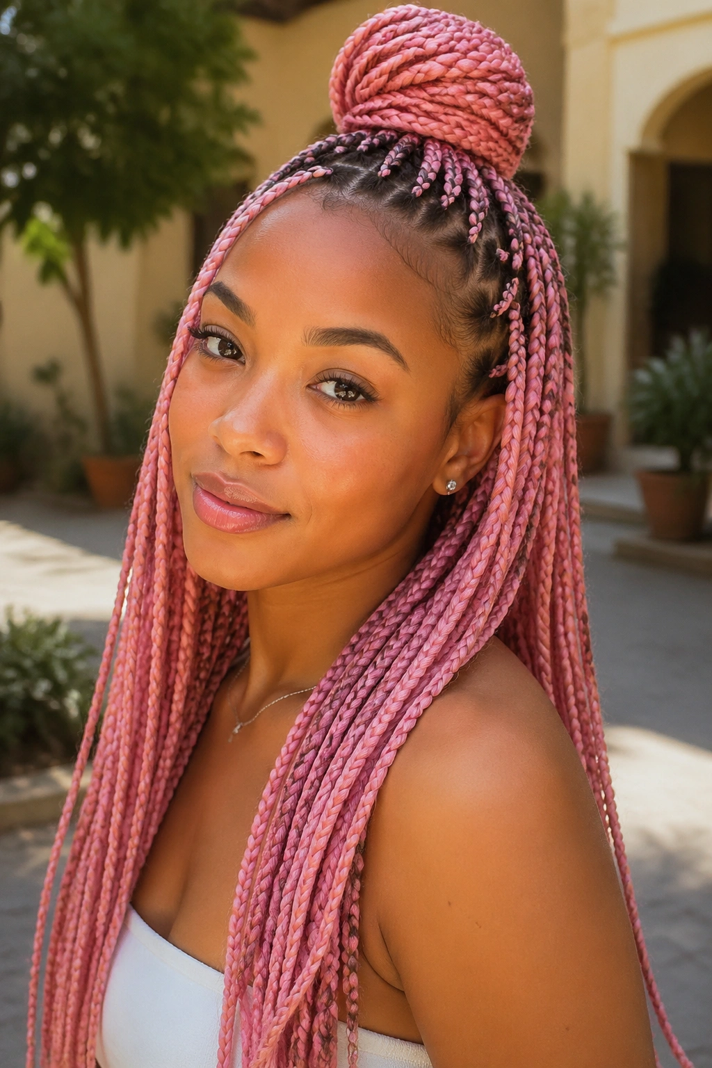 Portrait of a real person with half-up, half-down pink box braids, top section in a bun and bottom length loose.