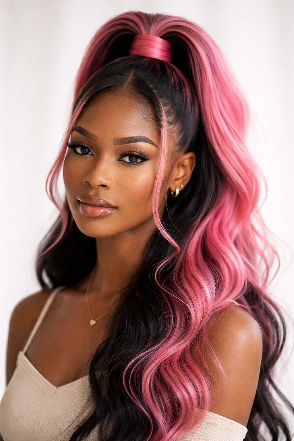Half-up pink ponytail with crown lift and flowing lower section