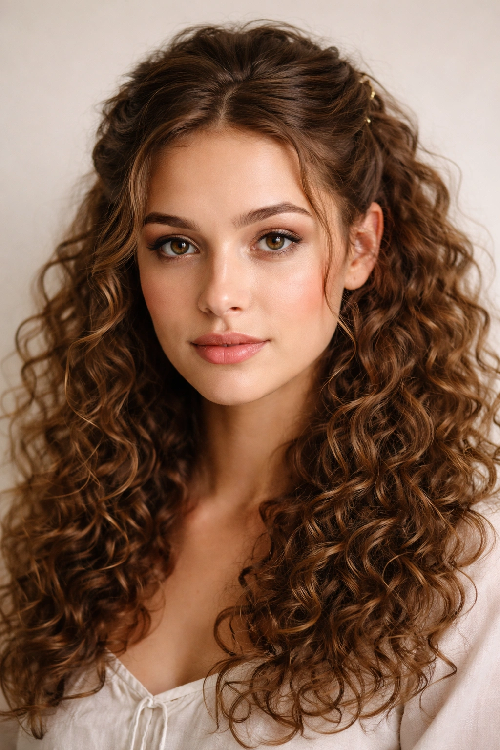 Medieval-inspired curly hair with the top half pulled back and pinned
