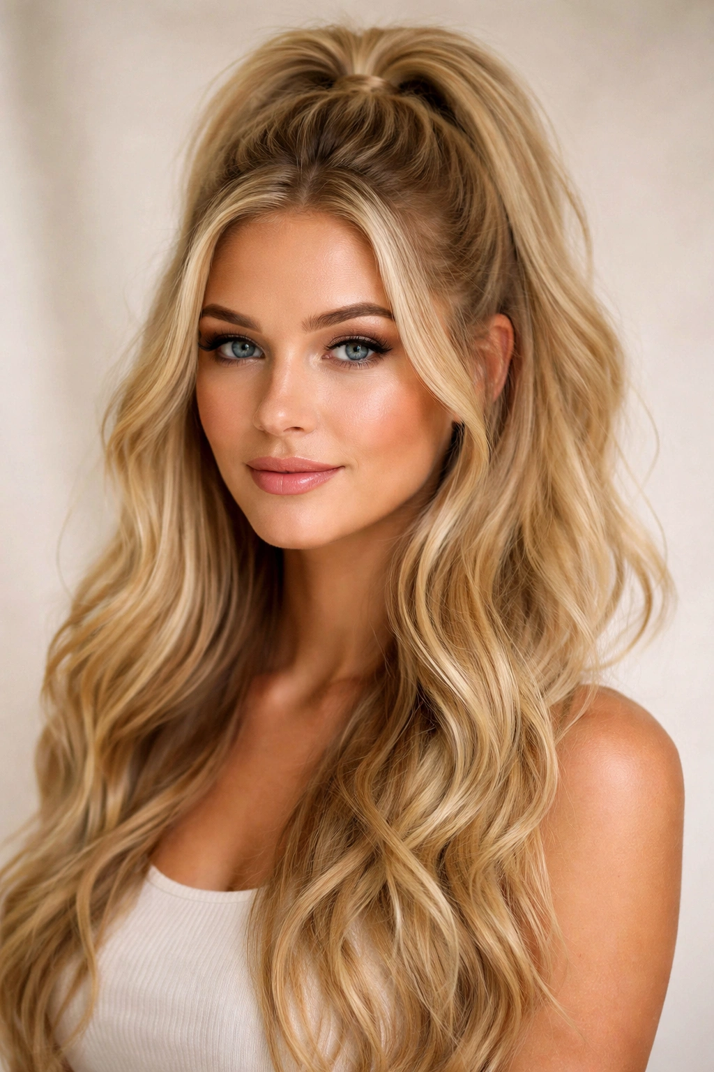 Blonde half-up pony with top secured and loose waves around the face in studio setting