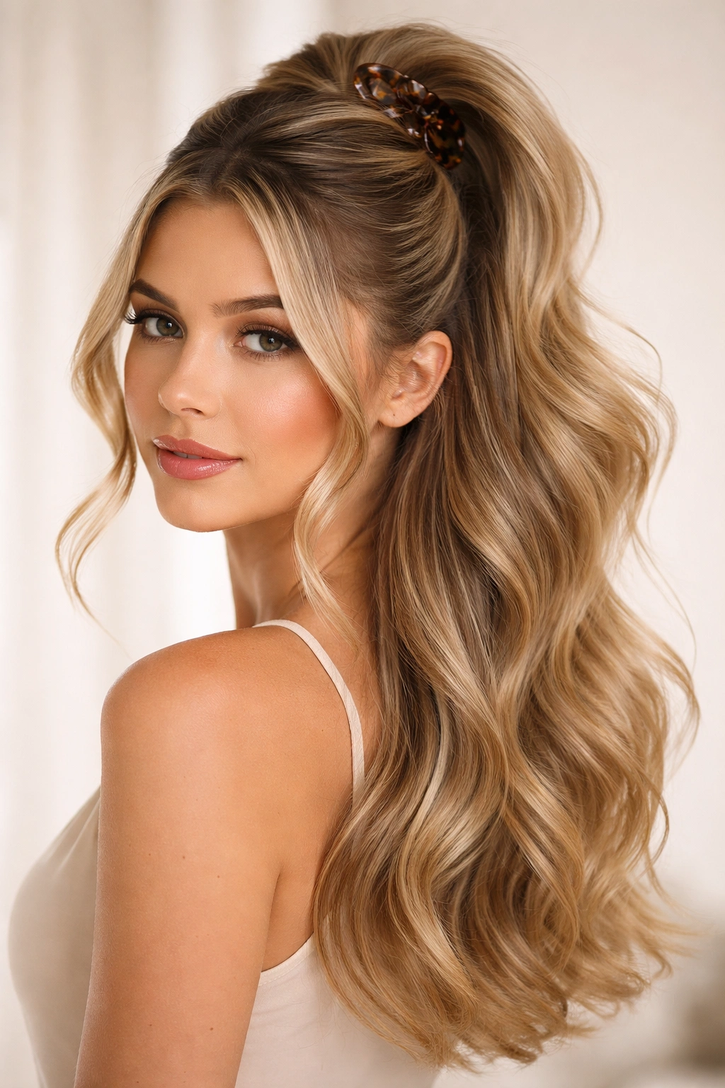 Half-up half-down high clip hairstyle with crown twist