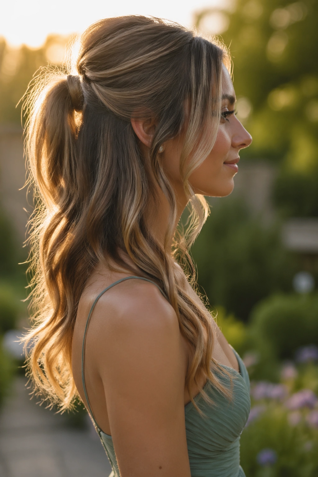 Side profile of half-up ponytail with face-framing pieces in golden hour light.