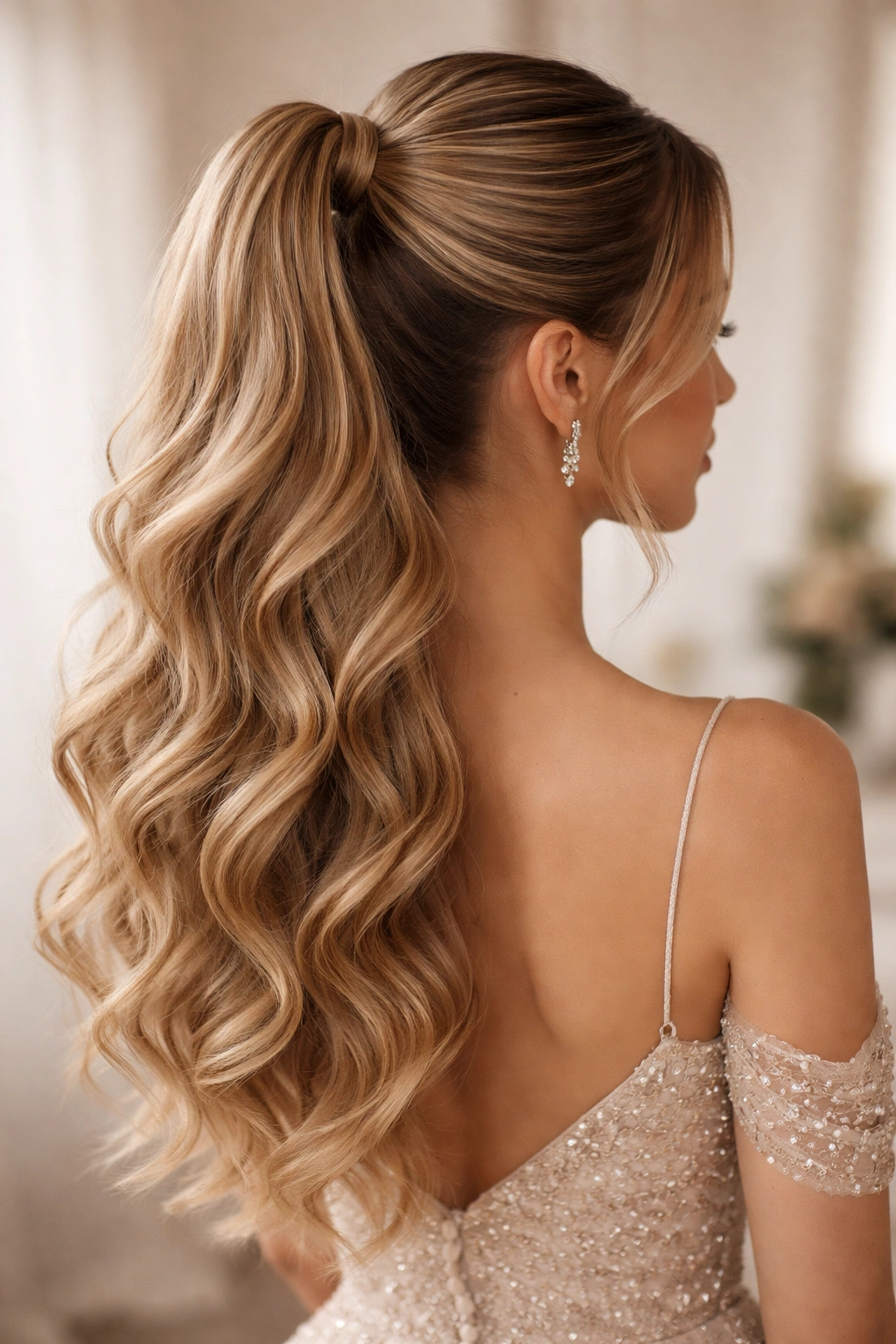 Half-Up Half-Down Pony hairstyle with crown pony and soft waves.