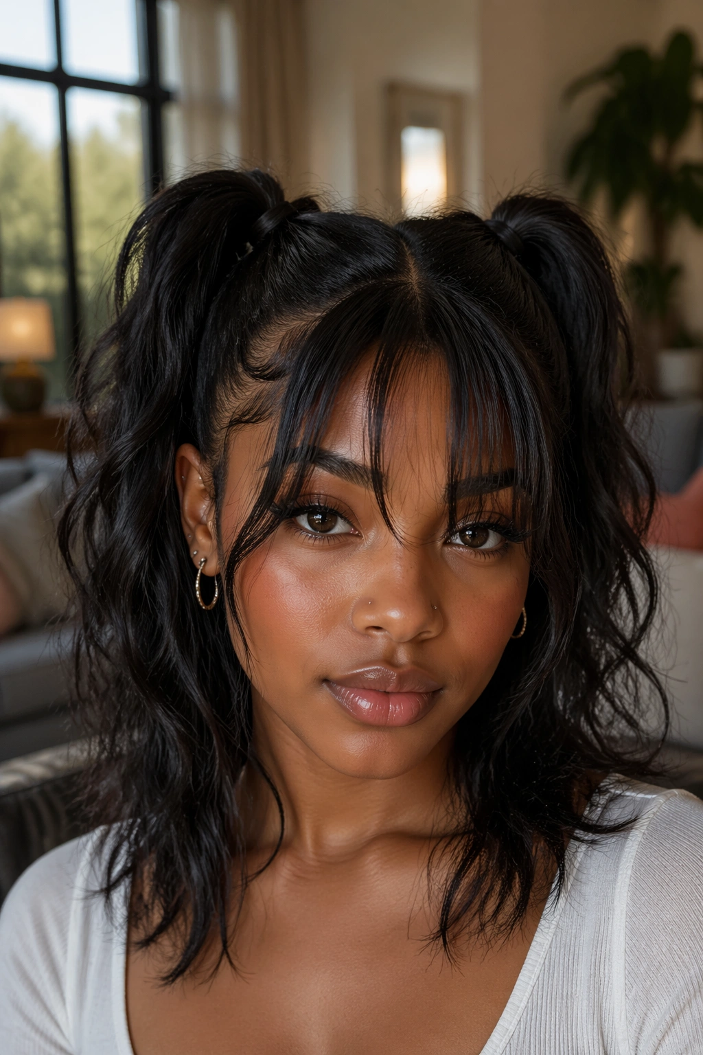 Close-up of a real woman with half-up twin ponytails and loose bangs in a warm home setting