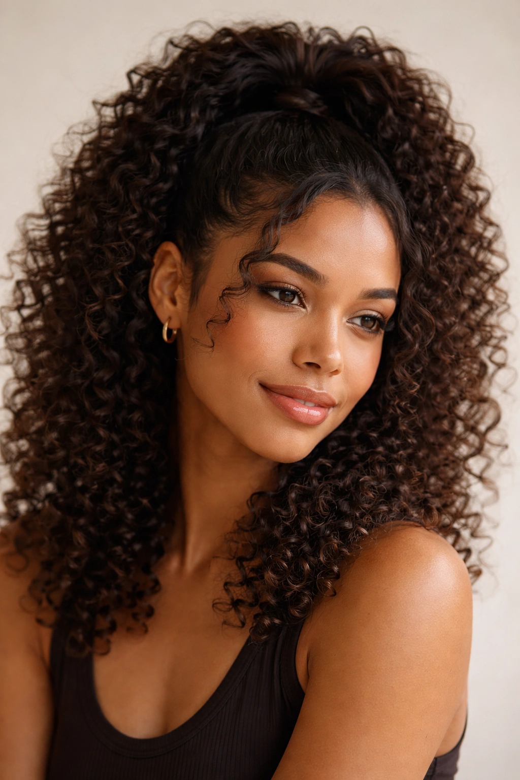 Close-up of shoulder-length 3B hair in a half-up ponytail with top volume and loose bottom curls