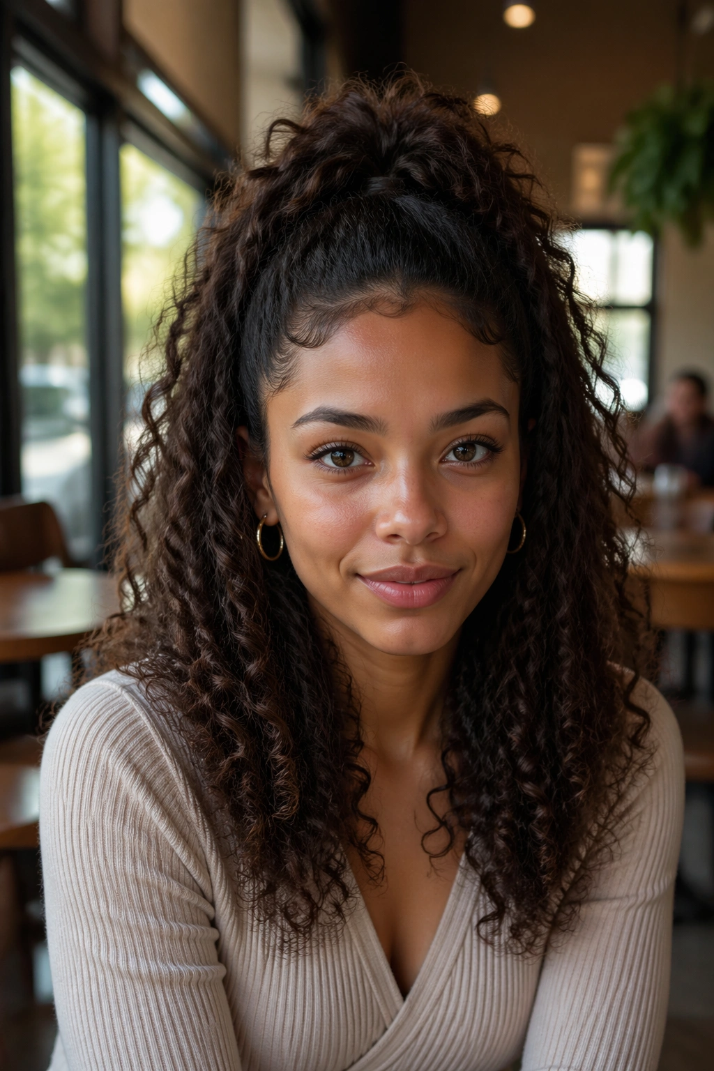 Front-facing portrait of a real woman with a half-up ponytail and cascading curls