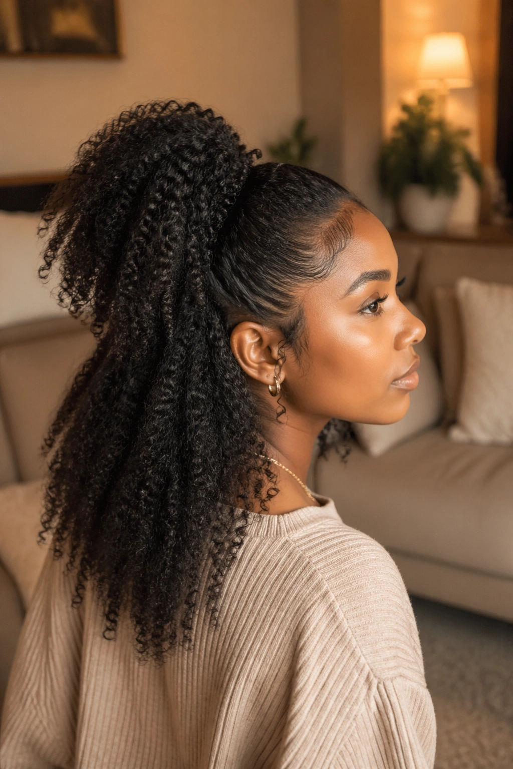 Side portrait of a real woman with half-up ponytail in a cozy living room