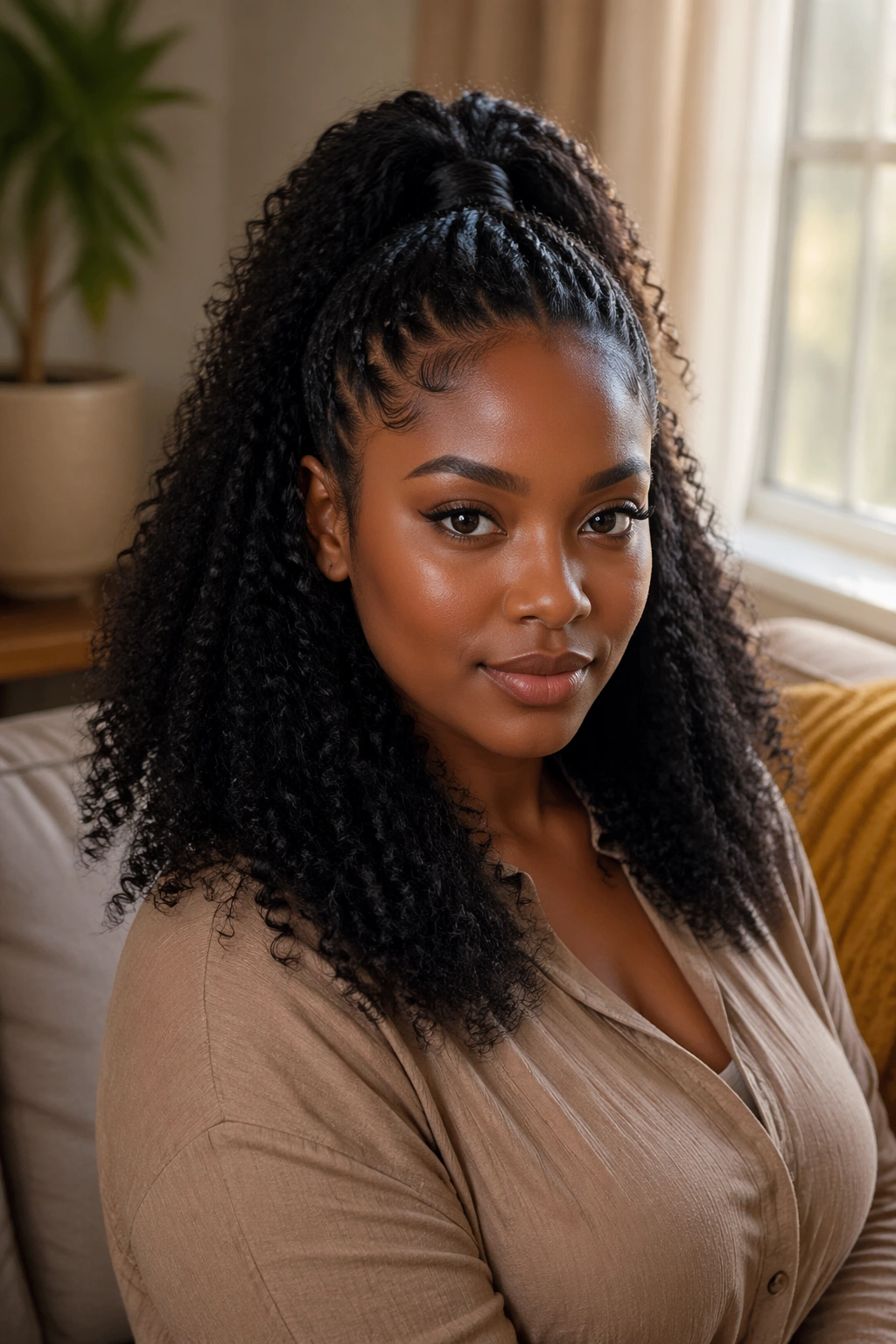Close-up of a real person with a half-up, half-down faux ponytail
