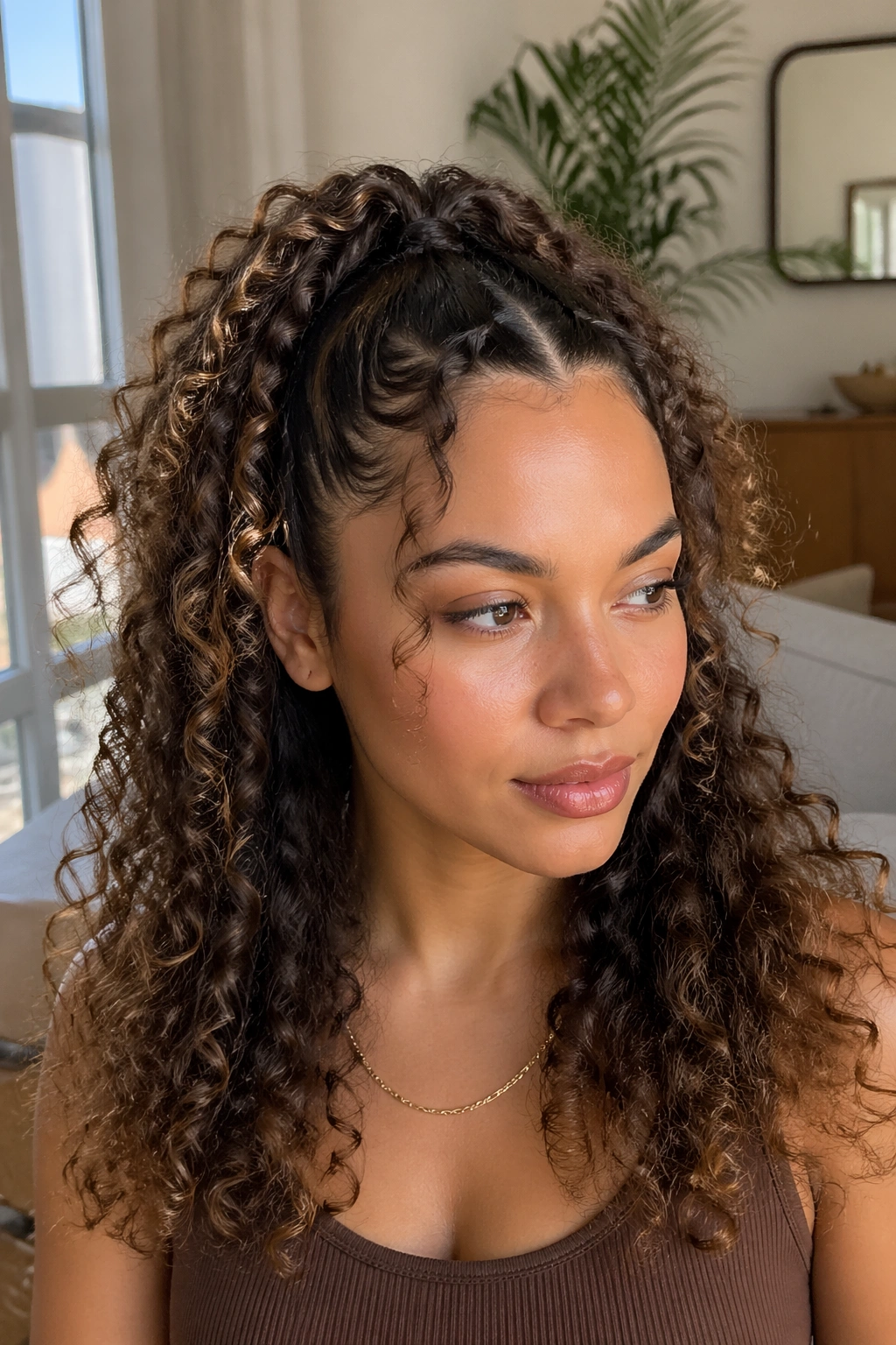 Real woman with half-up V-part ponytail showing crown lift and flowing lower curls