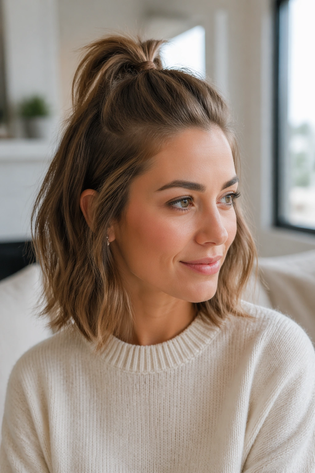 Real woman with half-up mini ponytail at crown in bright room