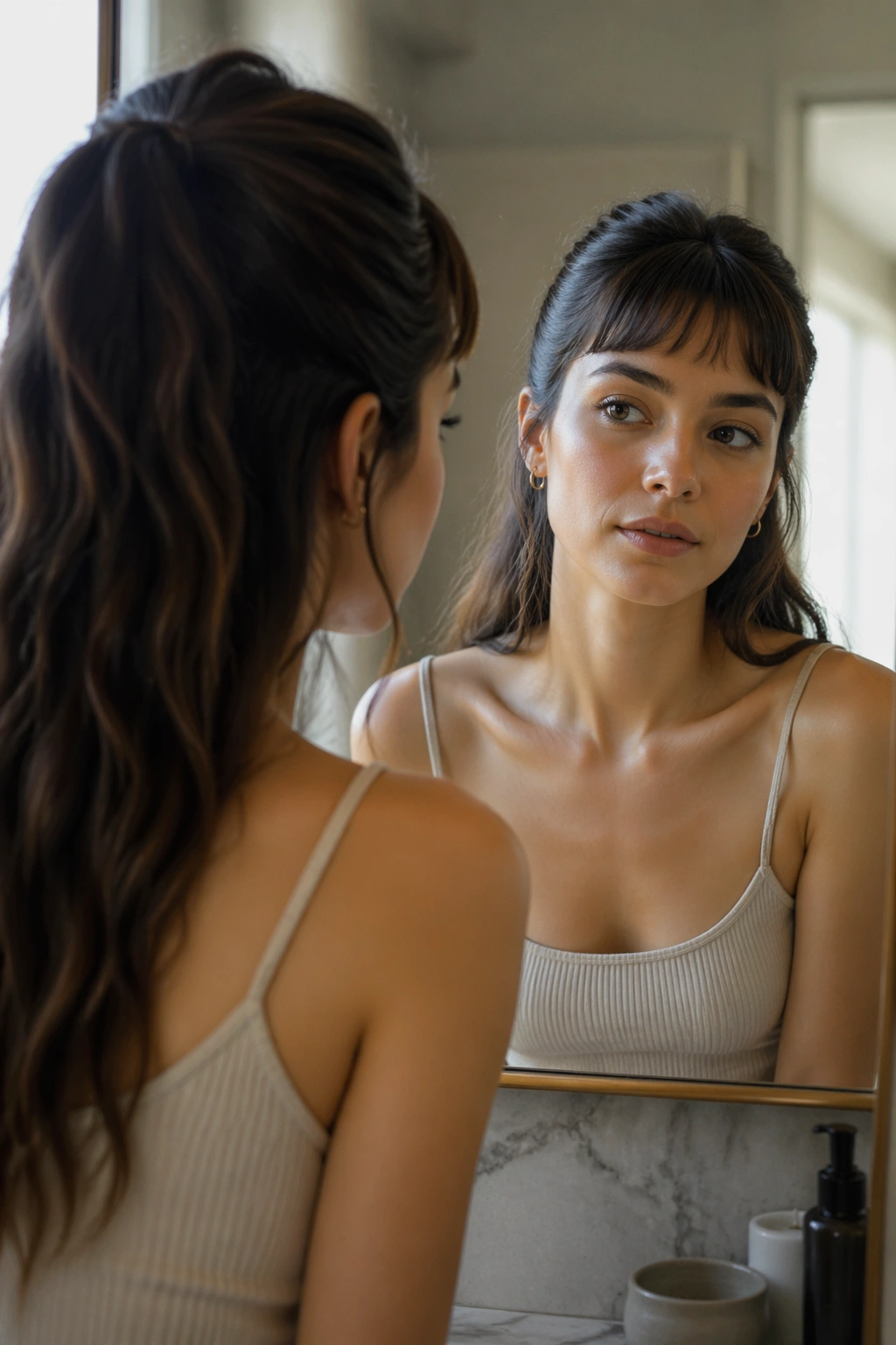 Half-up ponytail with baby bangs seen in mirror-lit bathroom.
