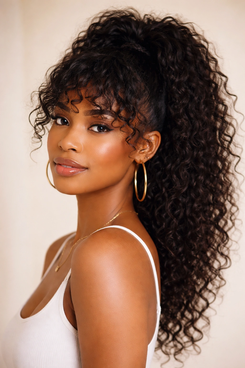 Half-up ponytail with curly bangs framing the face