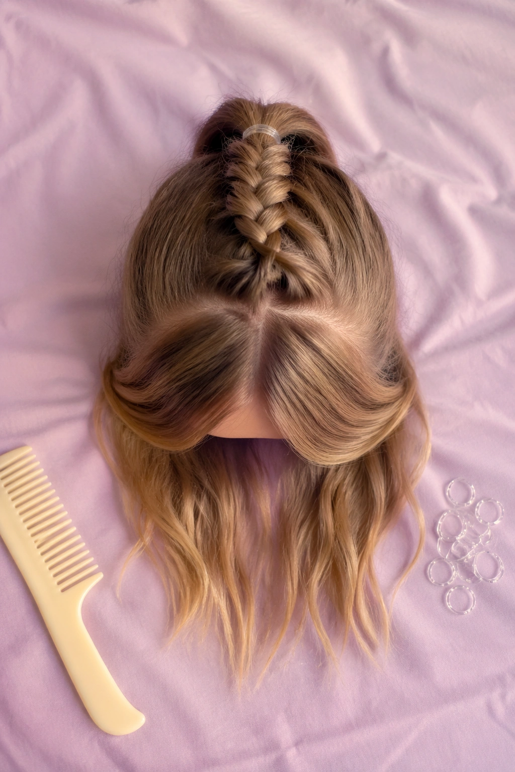 Flat-lay of half-up ponytail with curtain bangs.