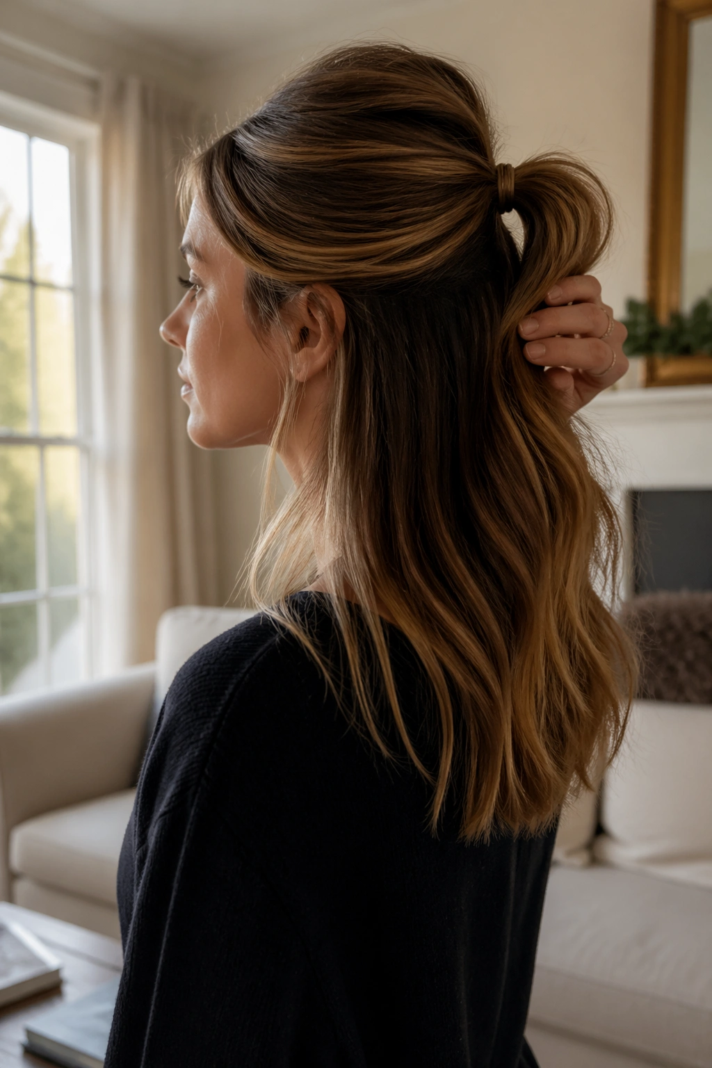 Side profile of half-up ponytail with bottom layer free