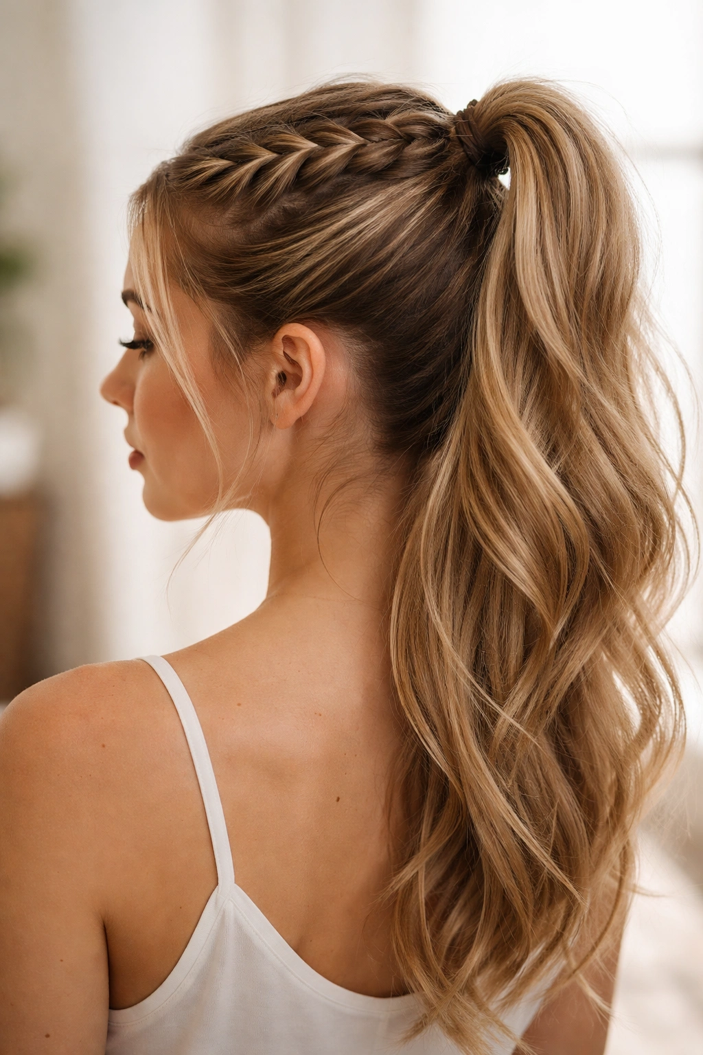 Half-up high French braid ponytail with braided top and loose bottom