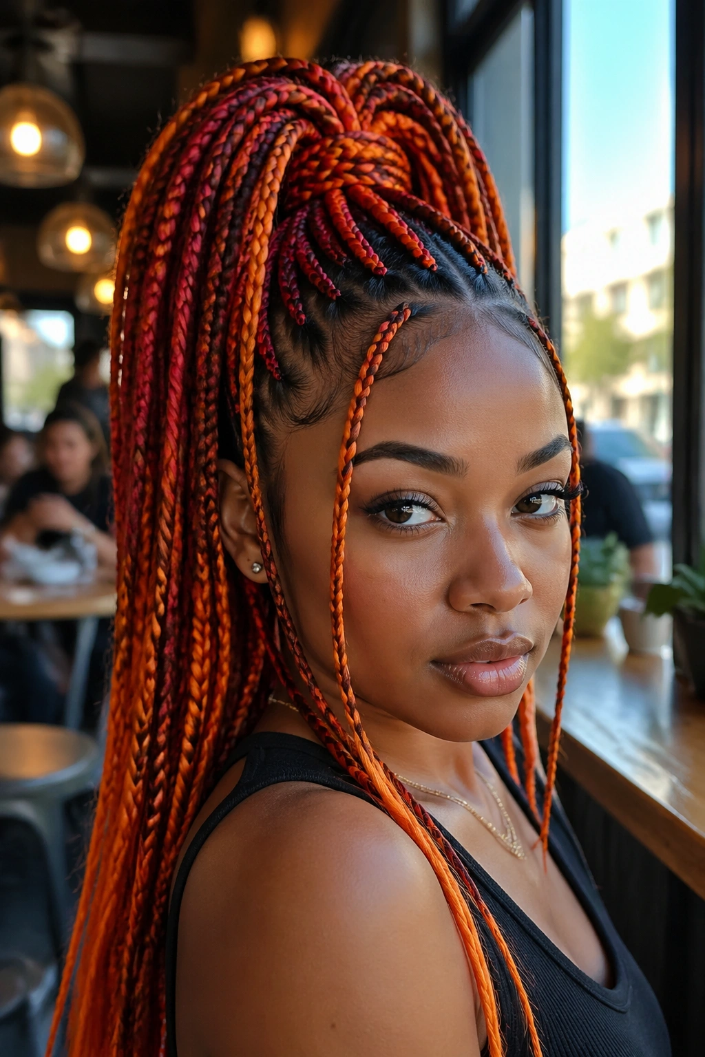 Close-up of a real person with half-up high ponytail orange-red braids.