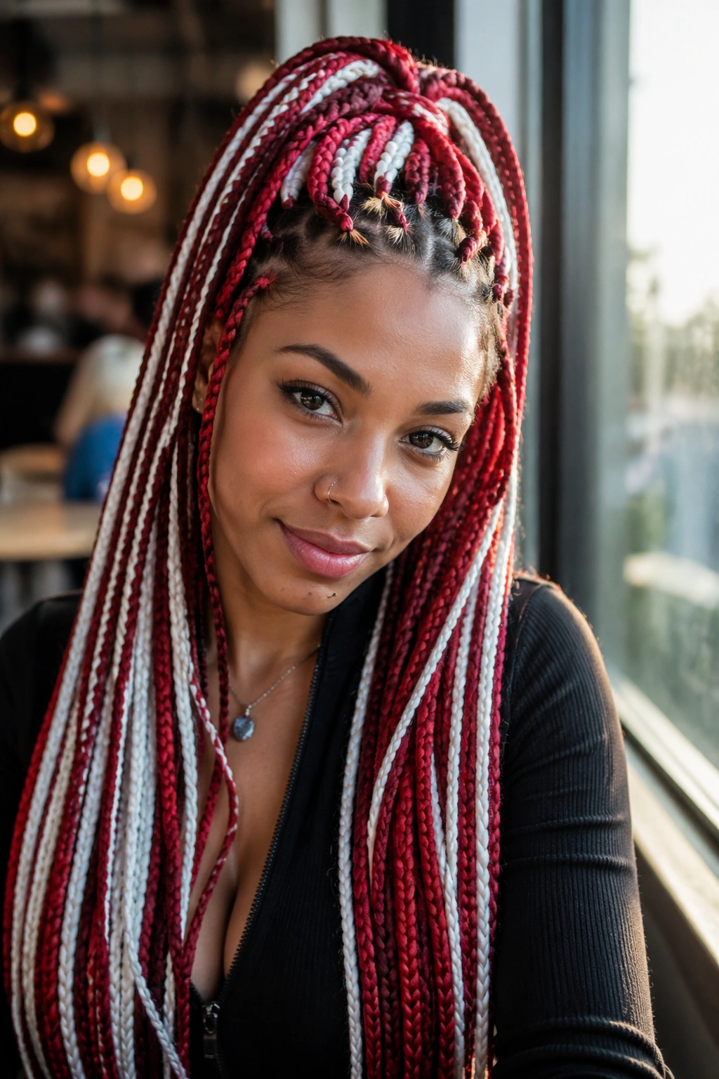 Close-up of a real person with half-up red and white box braids in a high ponytail