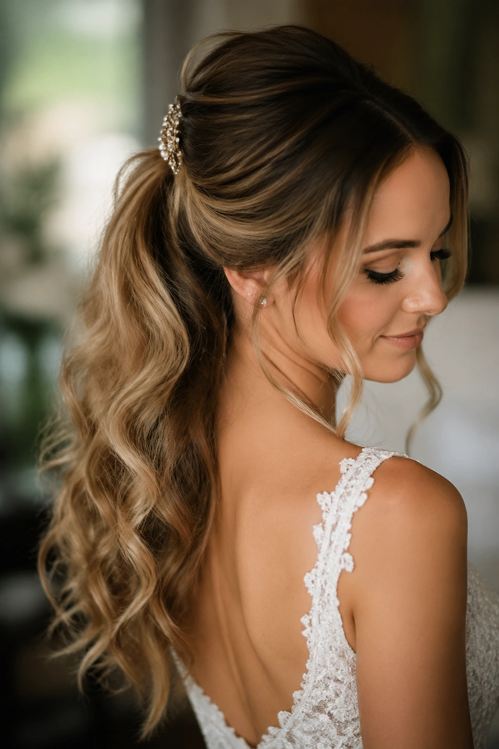 Bride with a half-up ponytail hybrid showing gathered top and cascading waves