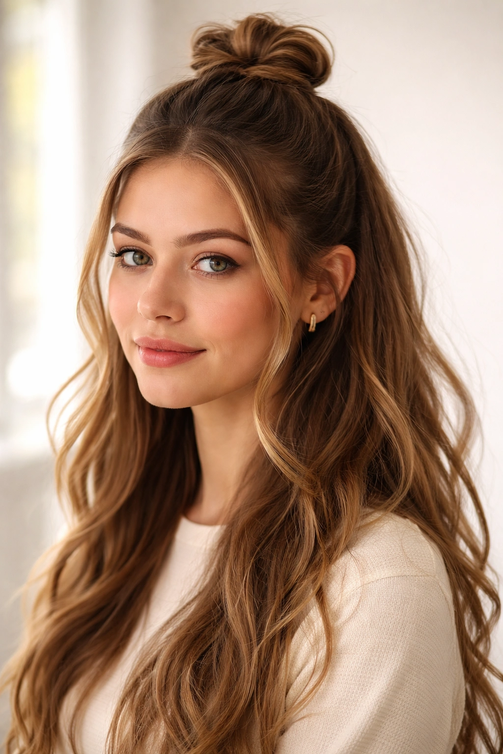 Close-up of half-up ponytail with a looped crown bun.