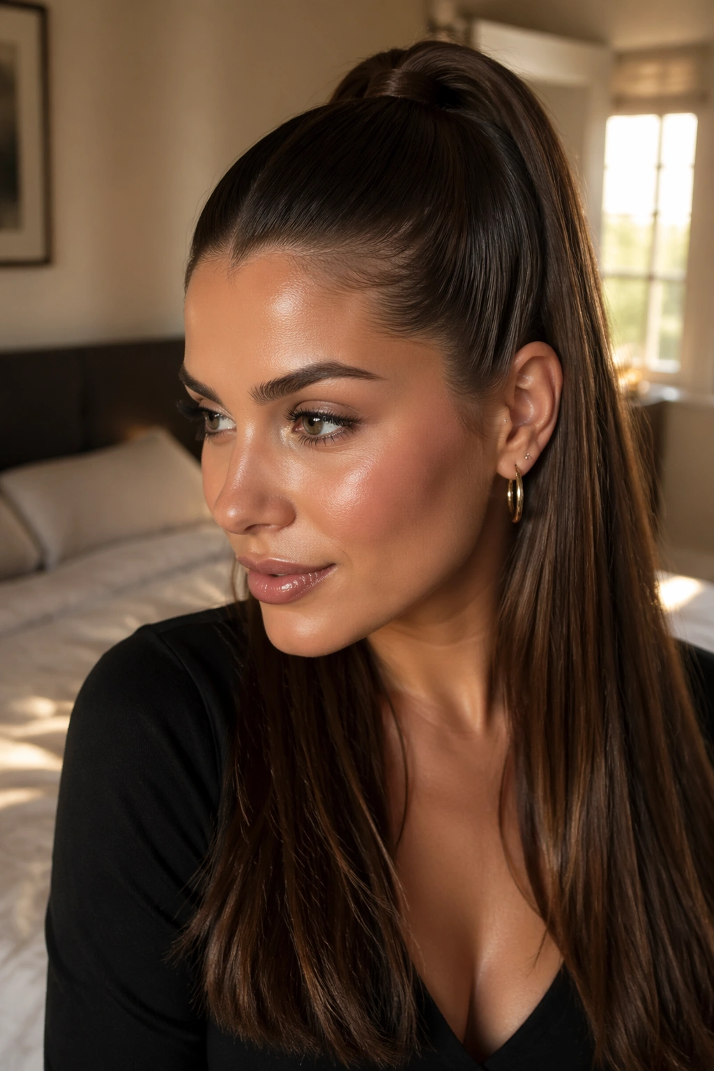 Close-up of a real woman with a half-up brown sleek ponytail in chestnut tones, crown smooth and lower hair visible.