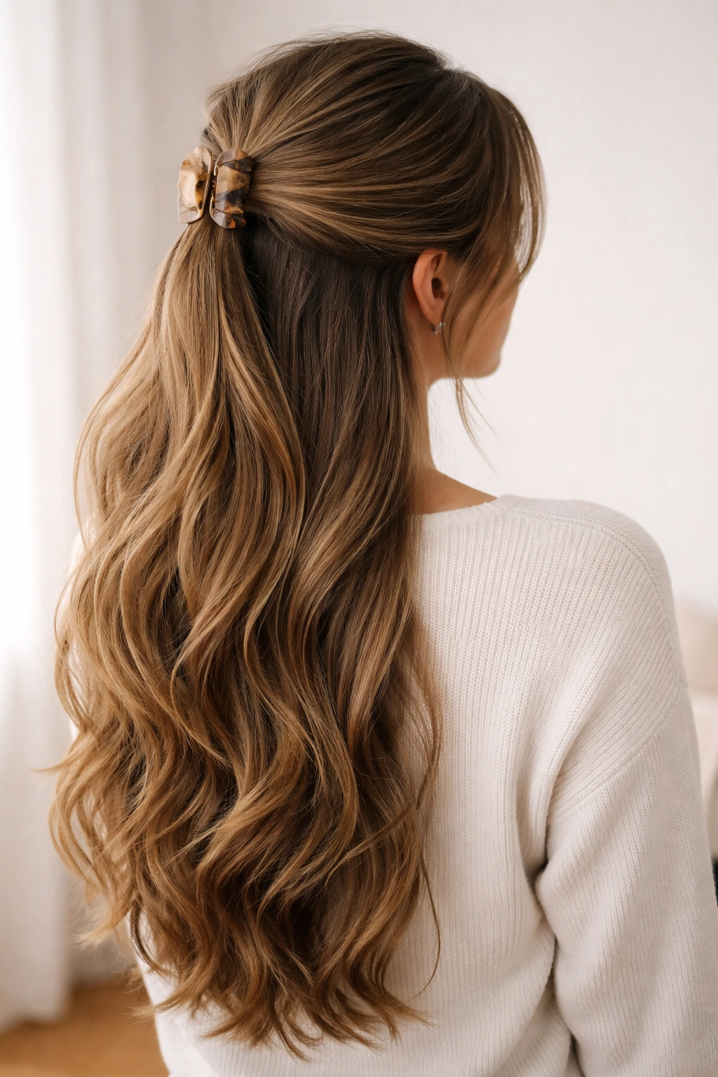 Half-up ponytail with claw clip lifting the top section on long hair