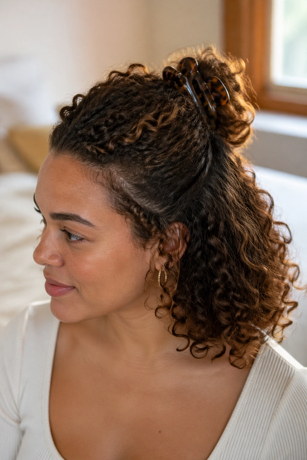 Close-up of a real person wearing a half-up ponytail secured by a claw clip at the crown