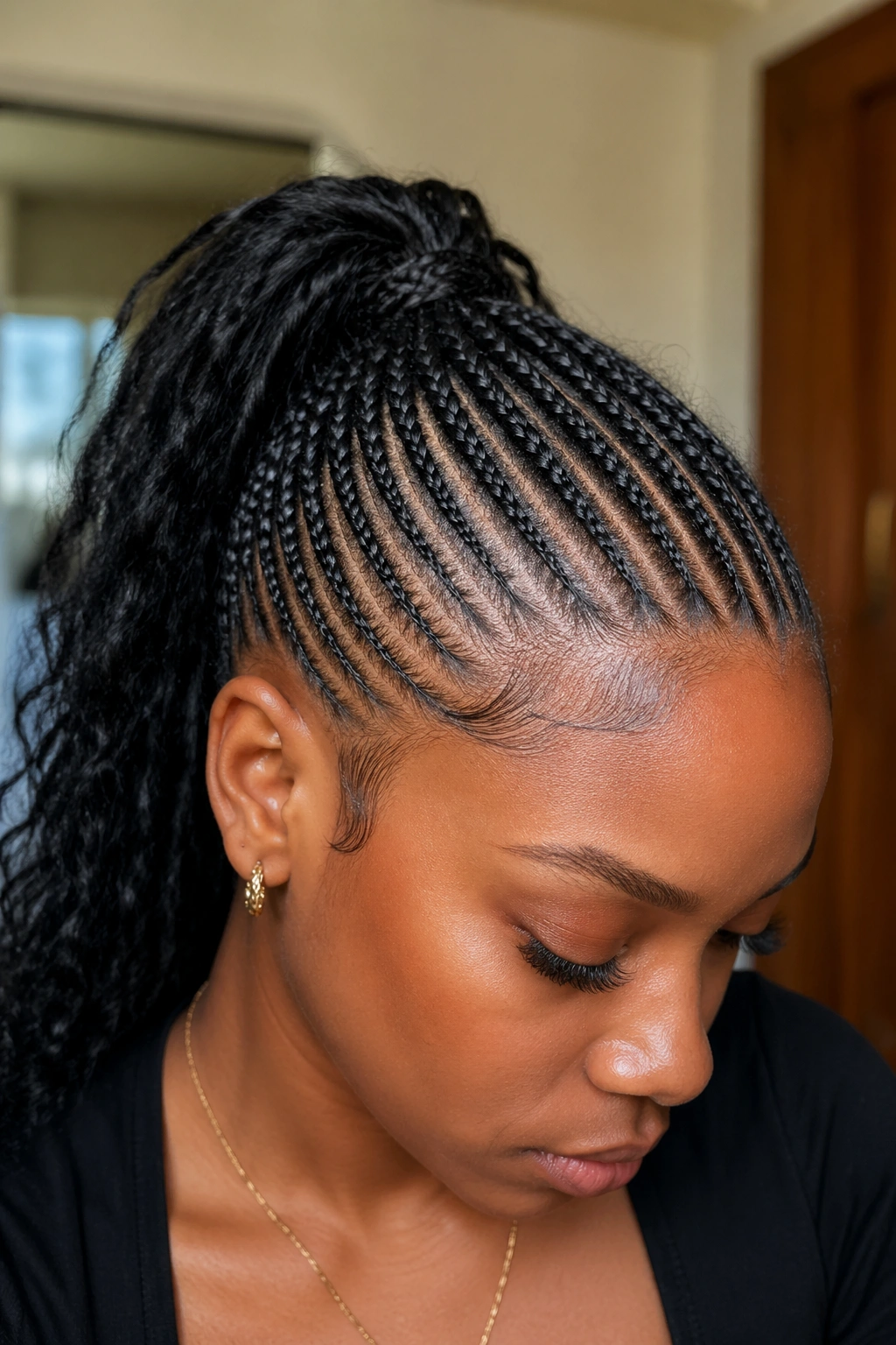Portrait of a real woman showing front half cornrow pattern merging into a ponytail.
