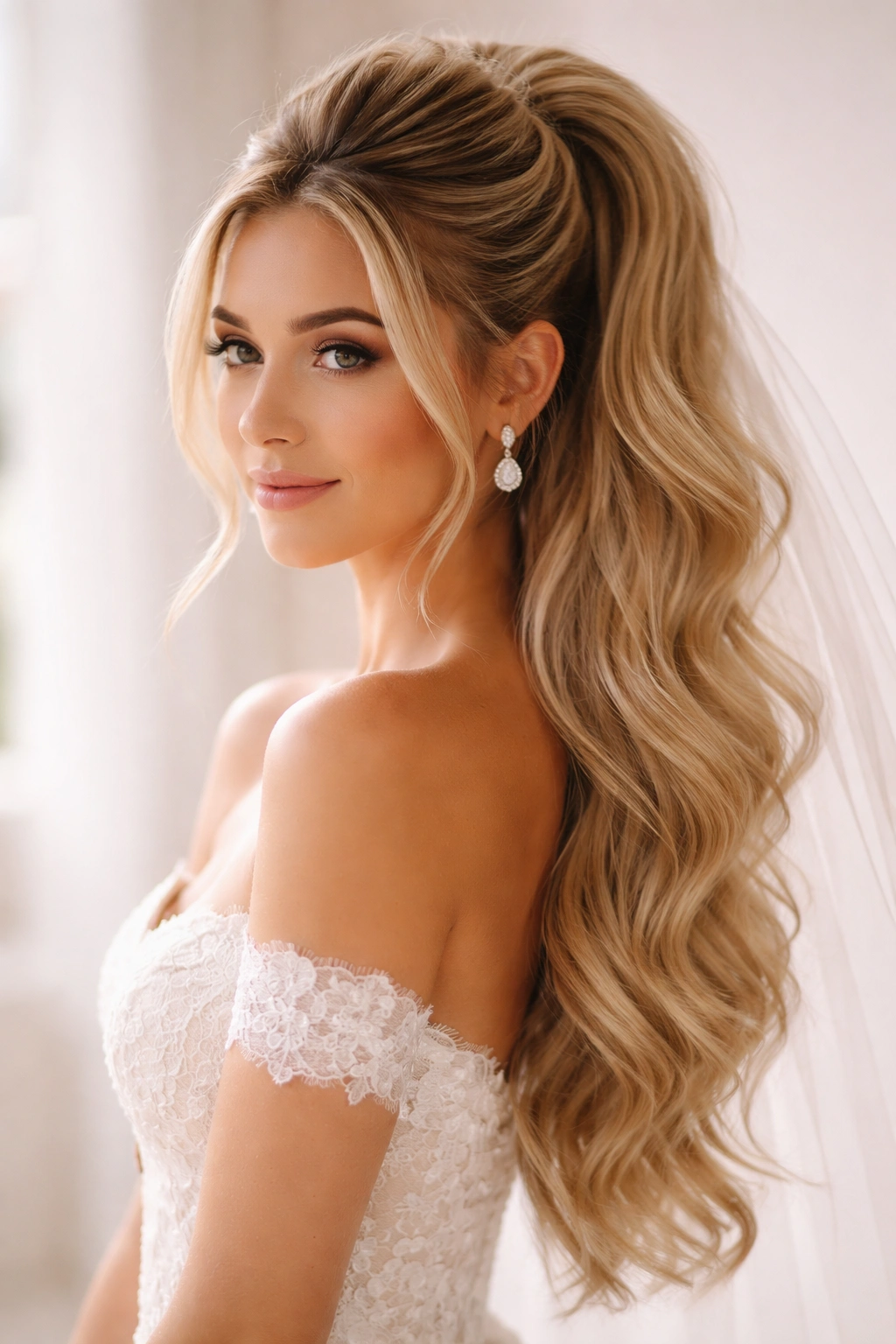 Half-up ponytail with crown height on bridal hairstyle