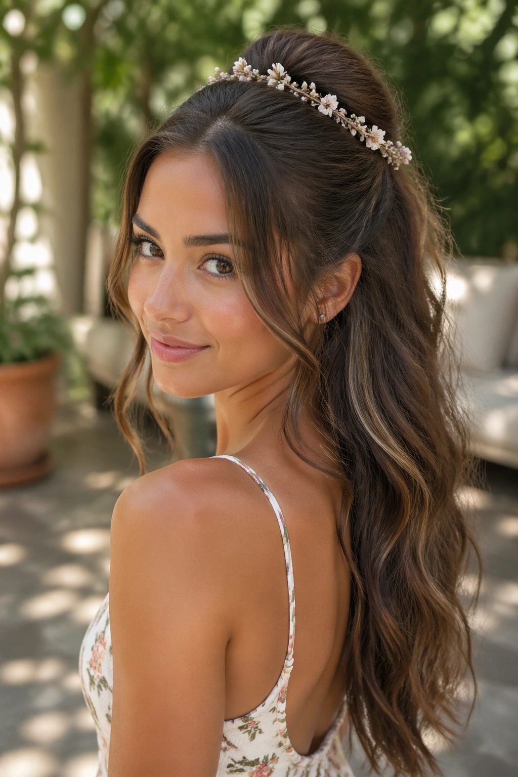 Real woman with half-up ponytail and small flower crown detail in garden light.