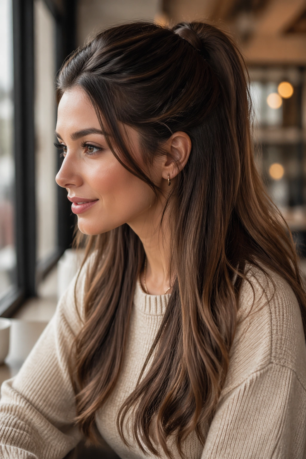 Close-up of a real woman with a half-up ponytail and long brown ends in a cafe setting
