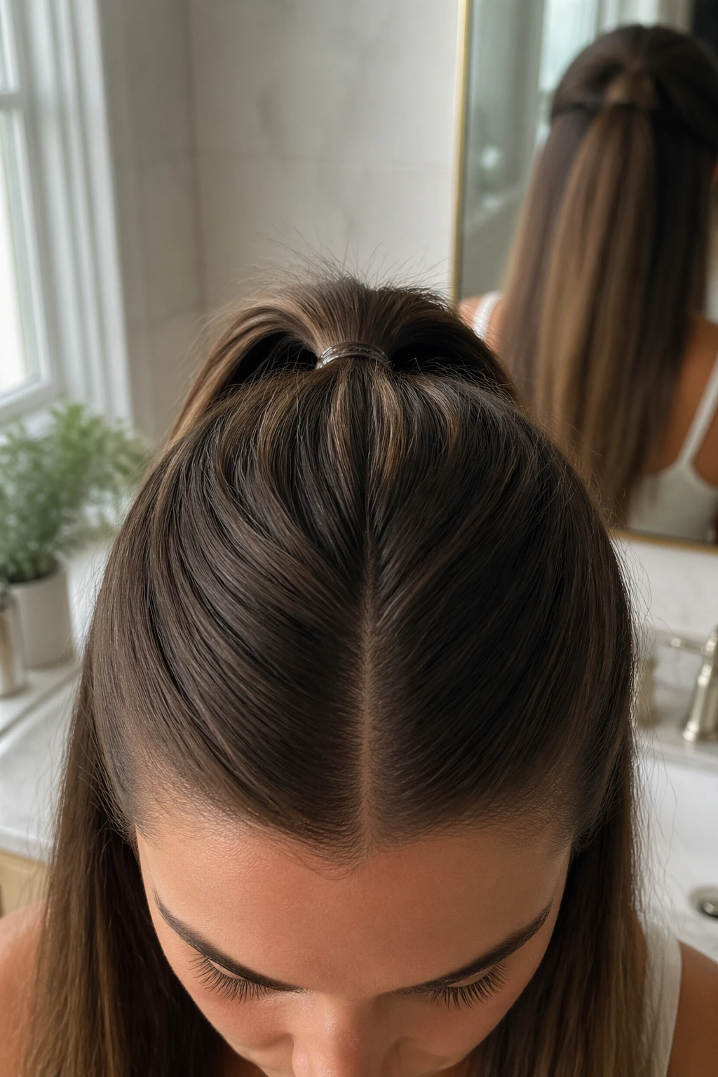 Close-up of Sleek Crown Half-Up Ponytail with smooth crown and centered part.